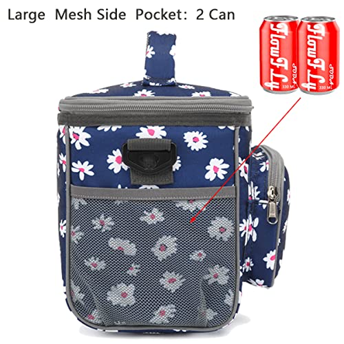 FlowFly Insulated Reusable Lunch Bag Adult Large Lunch Box for Women and Men with Adjustable Shoulder Strap,Front Zipper Pocket and Dual Large Mesh Side Pockets,Daisy - color: Daisy