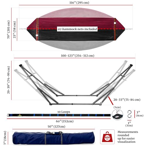 Tranquillo Combo x2 Hammocks with Stand for Outside & Tree Straps, Heavy Duty Hammock with Stand 600lbs for Indoor Outdoor Patio Backyard, x2 Hammocks for 2 Person (Combo - Red, Medium) - color: Combo - Red