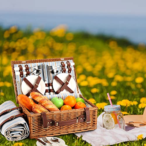Picnic Basket for 4 Persons with Waterproof Picnic Blanket and Insulated Cooler, Large Wicker Picnic Basket for Camping, Outdoors, Valentine's Day, Christmas, Birthday, Wedding Gift - color: Green Stripes