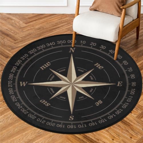 Compass Rose Round Area Rug, Artwork Black Non-Slip Circle Rug for Bedroom Living Room Outdoor Study Playing Floor Mat Carpet, 3' Diameter - color: Compass, size: 3' Diameter