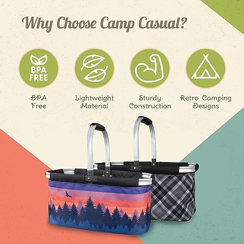 Picnic Basket for Camping - Collapsable Picnic Basket for Picnics, Grocery, & Festivals - Sturdy Food Picnic Basket with Zipper Pocket & Built-in Clip - 16” x 17” Scenic Sunset Basket, Camp Casual