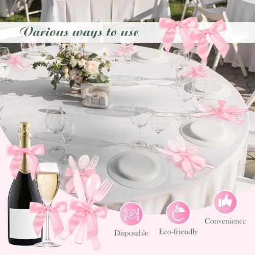 Minatee 25 Sets Pink Plastic Cutlery Set with Twist Tie Bows, Heavy Duty Tableware Disposable Pink Forks Knives and Spoons Silverware Utensils Set for Coquette Birthday Party Table Setting Picnics - color: Pink