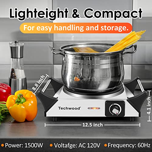 Techwood Hot Plate for Cooking, 1500W Electric Stove Countertop Single Burner with Adjustable Temperature & Stay Cool Handles, 7.5” Cooktop for Home/RV/Camp, Compatible for All Cookwares, Silver - color: Silver, size: Single Burner