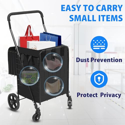 Folding Shopping Cart with Waterproof Basket Liner and Insulated Bag, Rolling Trolley with 360° Swivel Wheels Height Adjustable Portable Shopping Carts for Laundry, Baggage, Picnic - size: Medium - Front+Back Bags