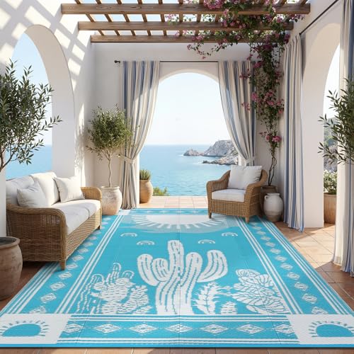 Garvee Reversible Cactus Outdoor Rug 8x10 for Patio, Waterproof Outdoor Area Rug, Modern Desert Botanical Indoor Outdoor Rugs, Plastic Straw Rug for RV, Camping, Deck, Teal Blue - color: Blue--cactus, size: 8' x 10' (Rectangular)