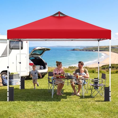 Tangkula 10 x10 Ft Pop Up Canopy with Center Lock, UPF 50+ One-Button Setup Outdoor Canopy Tent with Roller Bag, 4 Sand Bags, Heavy-Duty Steel Frame, 8 Stakes, 4 Ropes for Camping, Picnic (Red) - color: Red