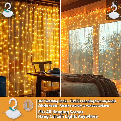 HXWEIYE 300LED Fairy Curtain Lights, 9.8x9.8Ft USB Plug-in 8 Modes Christmas String Hanging Lights with Remote for Bedroom Backdrop Wedding Indoor Wall Decor, Warm White, Standard – 2 Pack - color: Warm White, size: Standard – 2 Pack