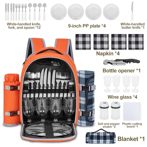 Picnic Backpack for 4 Persons with Insulated Leakproof Cooler Compartment, Cutlery Sets, Wine Holder, Fleece Blanket, Wedding Gifts for Couples, Perfect for Beach, Camping, Hiking, Orange - color: Orange