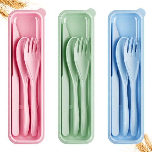 Quatish Reusable Travel Utensils with Case,3 Sets of Camping Utensils,Portable Wheat Straw Utensil (Knife, Fork, Spoon) for Lunch Box,Kitchen, Travel, Picnic & Daily Use - Easy to Clean (Multi-Color)