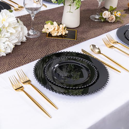 U-QE 60PCS Black Plastic Plates - Heavy Duty Black Disposable Plates Including 30PCS 10'' Dinner & 30PCS 7.5'' Dessert Plates -Hard Plastic Plate for Party Wedding Bridal Shower - color: Black