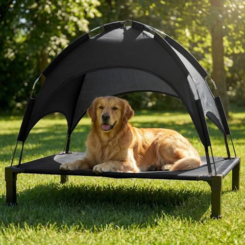 Elevated Dog Bed with Canopy Raised Pet Cot for Large Dogs, Outdoor Dog Cot with Removable Sun Shade Tent, Breathable Mesh Portable Dogs Cot for Camping, Beach, Backyard, Outdoor Use - color: Black, size: 51.0"L x 36"W x 39"H