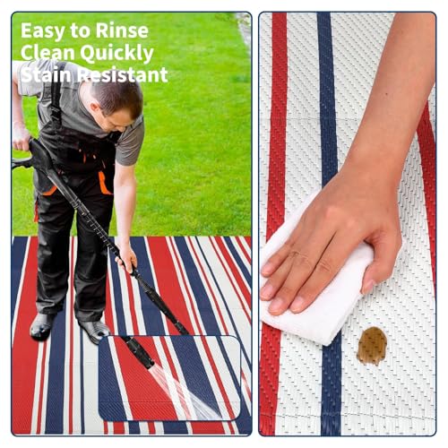 GarveeHome 10x14 Modern Lines Outdoor Large Rug Waterproof Mid Century Modern Multicolor Outdoor Patio Rug UV-Resistant Stain Striped Outside Carpet for Camping Picnic Pool Side RV, Red Navy White - color: Geometric Stripes| Red Navy White, size: 10' x 14