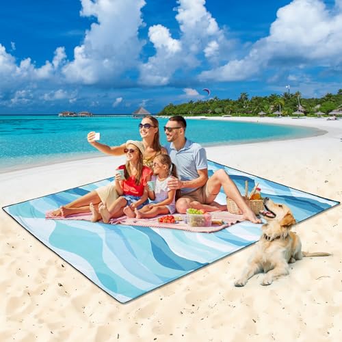 AISPARKY Beach Blanket Waterproof Sandproof Extra Large, Oversized Beach Mat, Quick Drying&Compact&Lightweight, Picnic Blankets Vacation Essentials for Outdoor Beach Camping (79" X 83" (4 Person)) - color: Blue - Ocean Waves, size: 6'11" x 6'7"