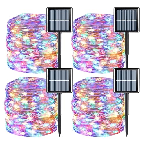 YEGUO 4 Pack Multicolor Solar Fairy Lights, Each 33ft 100 LED Christmas Lights Outdoor Waterproof, 8 Modes Sliver Wire Solar String Lights - color: Multicolor