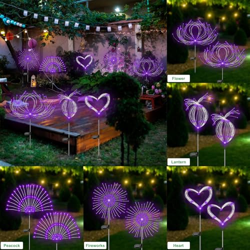 Slyuexu Solar Garden Lights Outdoor Waterproof, 2 Pack 120 LED Solar Firework Lights Decorative Garden Décor Outside for Flowerbed Pathway Party Christmas Decoration, Purple - color: Purple, size: 2 Pack