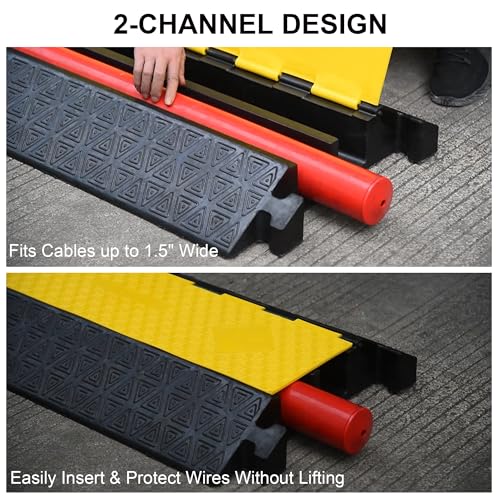 Heavy-Duty Rubber Cable Protector Ramp (1-Pack) - 2-Channel Floor Cord Cover for Driveway, Warehouse, Events - 22,000 lbs Load Capacity - Indoor & Outdoor Use - Cable Speed Bump for Hoses, Cables - color: Large 2-Channel (1-Pack)
