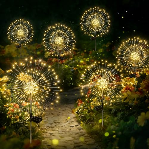 Solar Garden Lights Outdoor Decor Waterproof, 4Pack 120LED Firework Lights for Garden Decorative, Fairy Lights Solar Powered for Yard, Patio,Pathway,Flowerbed,Planter,Party(Warm White) - size: 6 Pack