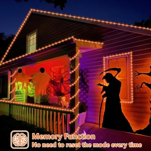 YEGUO Orange Solar Halloween Lights, 66ft 200 LED Solar Rope Lights Outdoor Waterproof, 8 Modes Fairy Lights in Clear Thin Tube - color: Orange