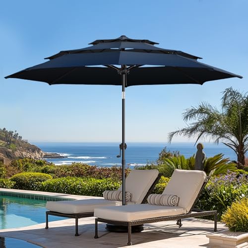 wikiwiki 9ft 3-Tier Patio Umbrella Outdoor Table Market Umbrella for Patio with Push Button Tilt/Crank, Fade Resistant Waterproof POLYESTER Canopy for Garden, Lawn, Deck, Backyard & Pool, Navy Blue - color: Navy Blue, size: 9 FT