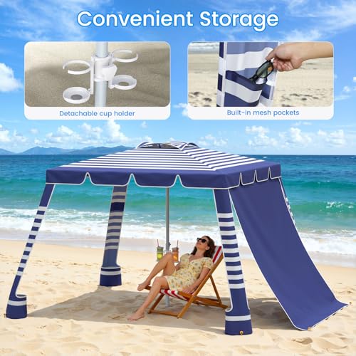 MoKo Beach Cabana,120 Sq. Ft. Large Beach Canopy Tent Sun Shade, UPF 50+ Protection Easy Setup Beach Tent, Adjustable Height Wind Resistant Cabana Sun Shelter for Whole Family, Navy Stripes