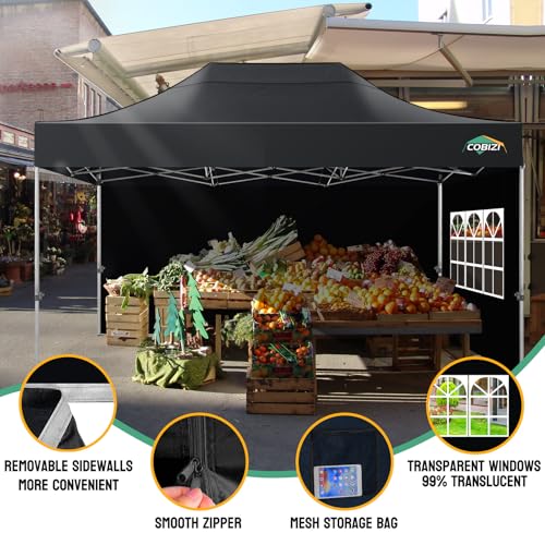 COBIZI 10x15 Heavy Duty Pop Up Canopy Tent with 4 Sidewalls Thicken Frame, Commercial Easy Up Outdoor Wedding Party Tents, All Season Waterproof Windproof with Stakes Sandbags Ropes Bag, Black - color: Black, size: 10x15