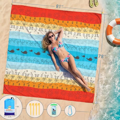 BYDOLL Beach Blanket Waterproof Sandproof Large Sand Free, 78''X81'' Oversized Sandless Lightweight Blanket Picnic Mat for Beach Travel Camping Hiking with Stakes - color: Bach Boho, size: 78"X81"