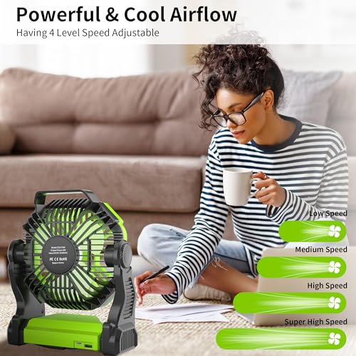 Rechargeable Portable Camping Fan for Tent with LED Light, 270°Pivot USB Personal Battery Powered Fan Outdoor Camping Essentials Battery Operated Portable for Travel X23 Green - color: Green