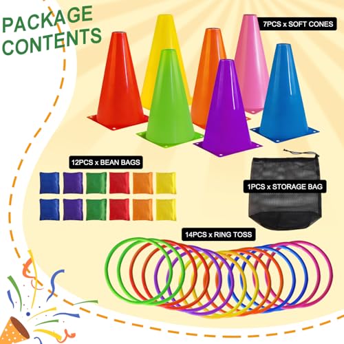 3-in-1 Ring Toss Game Set with Cones, Bean Bags and Rings, 34 Pieces, Multicolor Plastic Carnival Games for Kids Birthday and Family Party, Outdoor Yard Game