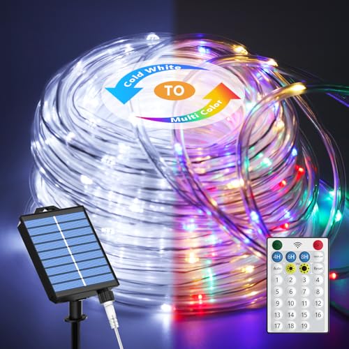 ICRGB Solar Lights Outdoor, 66FT 200LED 1800mah Solar Rope Lights with Remote, Type C, 19 Modes and Timer, IP67 Waterproof for Outdoor Christmas Pool Patio Porch Tree Wedding, Cool White to Multicolor - color: Cool White to Multicolor, size: 66FT