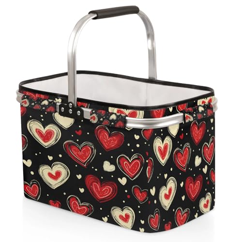 Red Heart Picnic Basket Large Collapsible Market Baskets Portable Reuasble Shopping Bags - color: Multicolor
