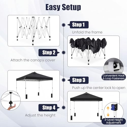 Tangkula 10 x10 Ft Pop Up Canopy with Center Lock, UPF 50+ One-Button Setup Outdoor Canopy Tent with Roller Bag, 4 Sand Bags, Heavy-Duty Steel Frame, 8 Stakes, 4 Ropes for Camping, Picnic (Black) - color: Black