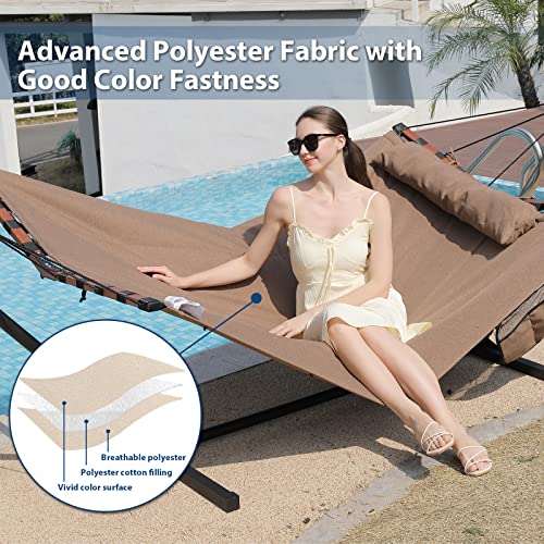 TegerDeger 12FT 2 Person Hammock with Stand Included 55 x 79IN Large Hammock 450LB Capacity with Hardwood Spreader Bar & Nylon Rope for Outside, Patio, Garden, Backyard, Beach, Poolside - Brown - color: Brown
