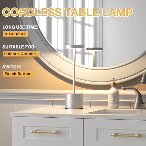 Kakanuo Silver Gray Cordless Lamp Set, Rechargeable Lamp, 3 Color Temperature, LED Outdoor Wireless Lamps, Battery Operated Lamps, Stepless Dimmable, Touch Control - color: Silver Gray