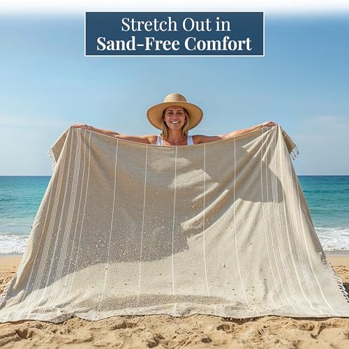 LANE LINEN Picnic Blankets - Turkish Beach Blanket Sandproof with Lightweight Quick Dry Design, 82"x82", Beach Summer Vacation Essentials for Relaxing, Park Outings or Yoga Mat – Beige - color: 02: Beige, size: Beach Blanket (80" x 80")