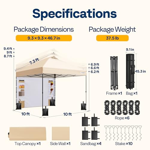 VIVOHOME 10x10ft Pop Up Canopy Tent with Sidewall and 6 Pockets, One Push Setup Outdoor Portable Shelter Tent Heavy Duty with Wheel Carry Bag and 4 Sandbags, Beige - color: Beige