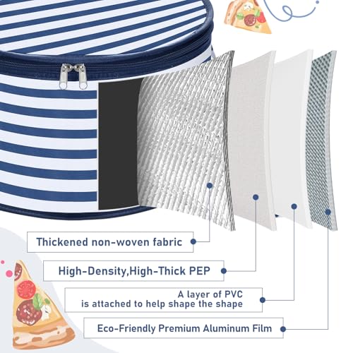Pickmesh Round Pie Carrier 12 x 7 Inch Insulated Casserole Carriers with Lid and Detachable Handle for Hot or Cold Food Cake Transport Thanksgiving Christmas Gift (Blue White Stripes) - color: Blue White Stripes