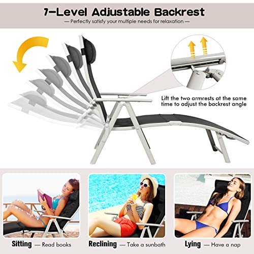 Giantex Chaise Lounge Chair for Outside, Pool Folding Reclining Beach Chair W/Removable Cushion&Headrest Pillow, Outdoor Lounge Chaise w/ 7 Backrest Positions, Portable Patio Lounger (1, Black) - color: Black
