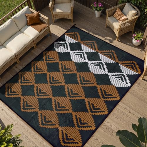 Lahome Waterproof Outdoor Patio Rug 9x12, Reversible Large Outdoor Rug for Patios, Camping Rugs for RV Backyard Deck Picnic Beach Trailer (Black/Brown, 9' x 12') - color: Black/Brown/Checkered, size: 9'x12'