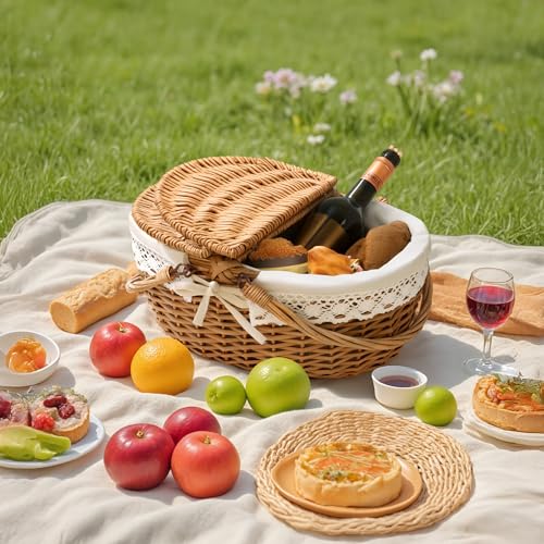 GRANNY SAYS Picnic Basket, Wicker Basket with Lid, Woven Cute Basket with Handle, Storage Basket with Washable Lining & Dual-Flid Lid, Natural Willow Picnic Hamper, White Lining - color: White