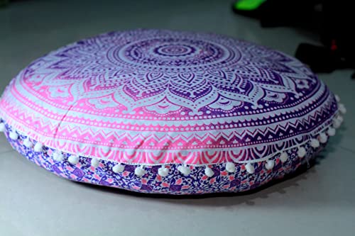 CRAFT KALA Round Mandala Boho Pillow Cover Meditation India Room Seating Poufs Cover for Living Room Yoga Room Home Décor Bedroom Balcony Garden Decoration Cotton Floor Cushion Cover (22", Pink Ombre) - color: Pink Ombre, size: 22"