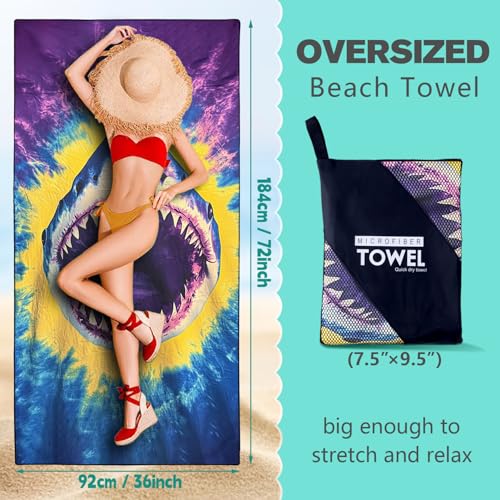 Tie Dye Shark Beach Towel Oversized 36" x 72", Thin Lightweight Sand Free Quick Dry Microfiber Towel for Swimming Pool Cruise Camping Travel - color: Color_39