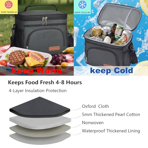 ExtraCharm Insulated Lunch Bag for Women/Men - Reusable Lunch Box for Office Picnic Hiking Beach - Leakproof Cooler Tote Bag Organizer with Adjustable Shoulder Strap for Adults - Black - color: Black