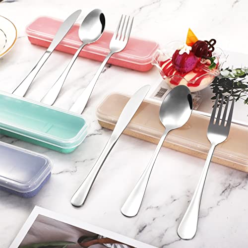 Yinkin 4 Pack Portable Travel Utensils Set with Case Reusable Stainless Steel Silverware Flatware Camping Cutlery Include Fork Spoon Knife for Work School Dishwasher Safe(Blue, Beige, Green, Pink) - color: Blue, Beige, Green, Pink