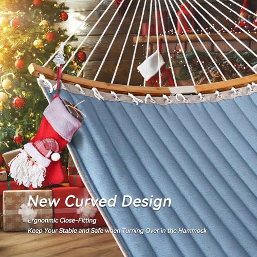 Double Hammock, 11 FT Quilted Fabric 2 Person Hammock for Outside with Pillow, Folding Curved Spreader Bar, Chains, Carrying Bag, Indoor Outdoor, 450 IB Capacity, JeansBlue - color: Jeansblue