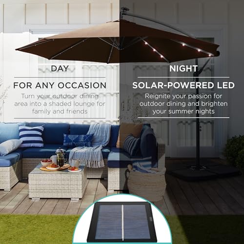 Best Choice Products 10ft Solar LED Offset Cantilever Hanging Market Patio Umbrella, 8 Sturdy Ribs, Easy Adjustment - Brown - color: Brown, size: Offset