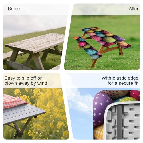 ANNA QUEEN Easter Holiday 6FT Picnic Table Cover with Bench Covers Set of 3 with Drawstring Bag, Colorful Easter Eggs 72"x30" Waterproof Fitted Picnic Tablecloth & Bench Covers for Outdoor Dining - color: #58