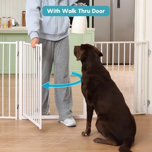 No Pawblems Free Standing Dog Gate with Door, 30'' Tall Foldable Dog Fence for Indoor & Outdoor, Up to 208 Inch Extra Wide Puppy Gate for Stairs, Hallways, Doorways, Deck, Yard (White, 8 Panels) - color: White, size: Up to 208" W, 8 Panels
