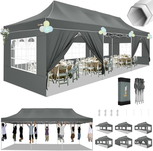 HOTEEL Tents for Parties 10x30 Pop Up Canopy Tent Heavy Duty with 8 Sidewalls, Commercial Party Tent Event Wedding Instant Canopy Waterproof with Carry Bag, UV 50+, Thicked Hexagonal Legs, Grey - color: Gray, size: 10x30FT (+8 Walls)