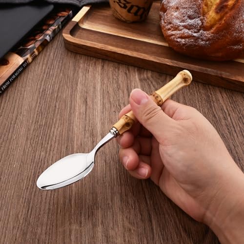 Dessert Spoon Set with Bamboo Handle, 8-Piece Stainless Steel Shiny Silver Dessert Spoon, Natural Bamboo Cutlery, Creative Design Small Spoons for Home Restaurant, 6.65 inch, Handcrafted - color: 8-Piece Dessert Spoon
