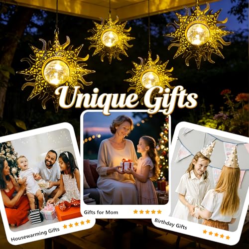 Hanging Solar Lights Outside Lanterns Garden Decorations,2 Pack Metal Sun Outdoor Art Decor for Backyard Balcony Patio Porch Landscape Pathway,Unique Mother's Day Gifts for Women Mom Grandma
